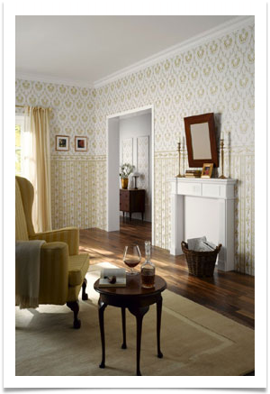 turn of the century study, fireplace, wingback chair, side table, focus on wallpaper design